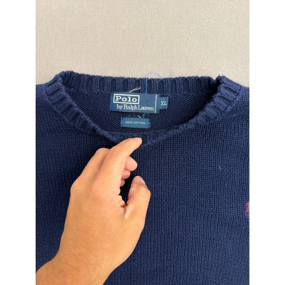 Polo Ralph Lauren Mens XL Navy Blue Cotton Knit Crewneck Sweater Red Pony Logo